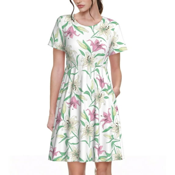 Gaeub Lilies Flowers Print Womens Dresses,Casual Short Sleeve Tunic,Summer Midi Dress for Women,Women's Short sleeve Dress