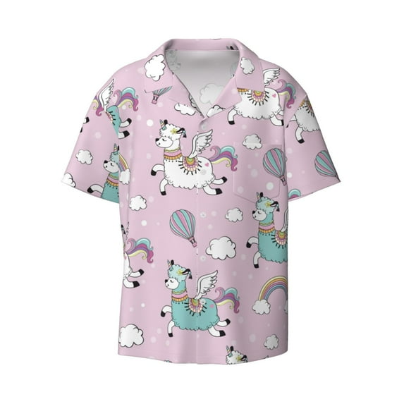 Gaeub Llama Unicorn and Rainbow Men's Lapel Short Sleeve Shirt, Relaxed Fit Shirt, Soft and Breathable for Outdoors Party Travel - 4X-Large