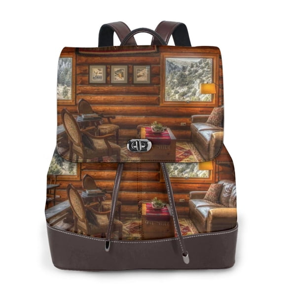 Gaeub Log Cabin Inside Print Women's Leather Backpack,Travel Laptop Backpack,Fashion Ladies Leather Backpack Bag for Travel,Leather Drawstring Daypack for Me