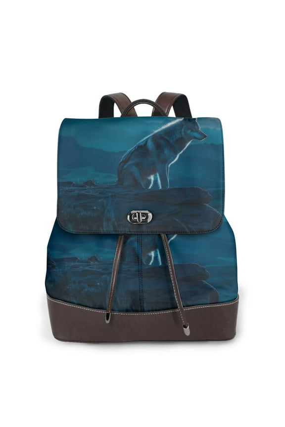Lonely Night Wolf Print Women's Leather Backpack,Travel Laptop Backpack,Fashion Ladies Leather Backpack Bag for Travel,Leather Drawstring Daypack for Me