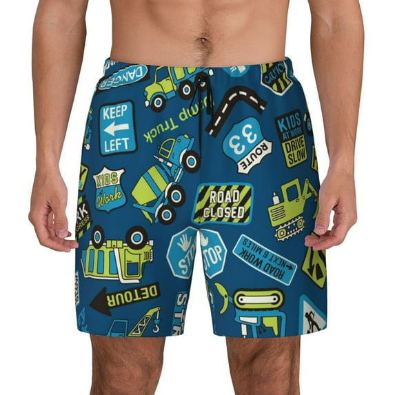 Gaeub Machinery Road Construction Mens Swim Trunks Stretch Beach Shorts Quick Dry for Men Swim Shorts Swimwear with Pockets- Large