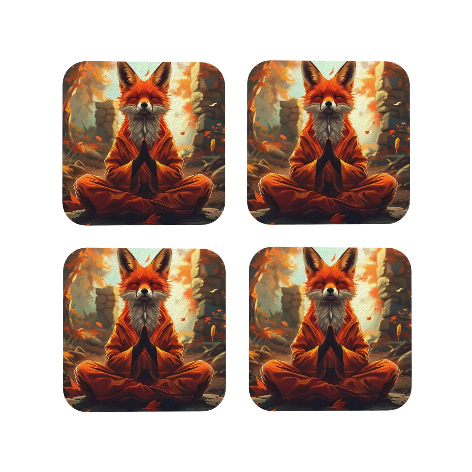 Gaeub Maple Leaf Meditating Fox Print 4 Pcs Leather Coasters for Drinks ...