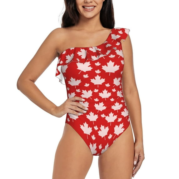Gaeub Maple Leaves Women's One Shoulder Ruffle Tummy Control Swimwear for Swimming Surfing Beach Party - Large