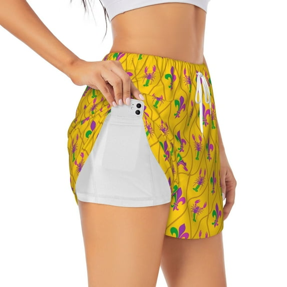Gaeub Mardi Gras Crayfish and Fleur de lis Print Women's Athletic Shorts,High Waisted Running Shorts,Pocket Sporty Short,Gym Elastic Workout Shorts-Medium