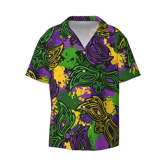 Gaeub Mardi Gras7 Men's Lapel Short Sleeve Shirt, Relaxed Fit Shirt, Soft and Breathable for Outdoors Party Travel - 3X-Large