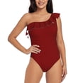thumbnail image 1 of Gaeub Maroon Women's One Shoulder Ruffle Tummy Control Swimwear for Swimming Surfing Beach Party - Small, 1 of 8