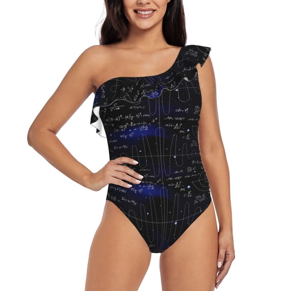Gaeub Mathematica Science Women's One Shoulder Ruffle Tummy Control Swimwear for Swimming Surfing Beach Party - Medium