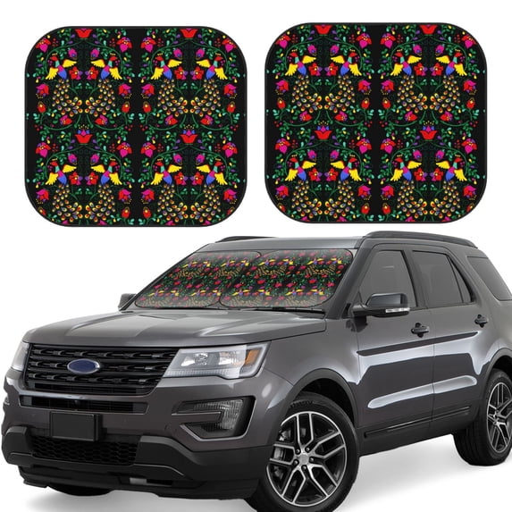 Gaeub Mexican Flower 2 Print 2-Piece Windshield Sun Shade,Foldable Car Front Window Sunshade,for Most Cars SUV Truck,Heat Blocker Visor Protector-Small