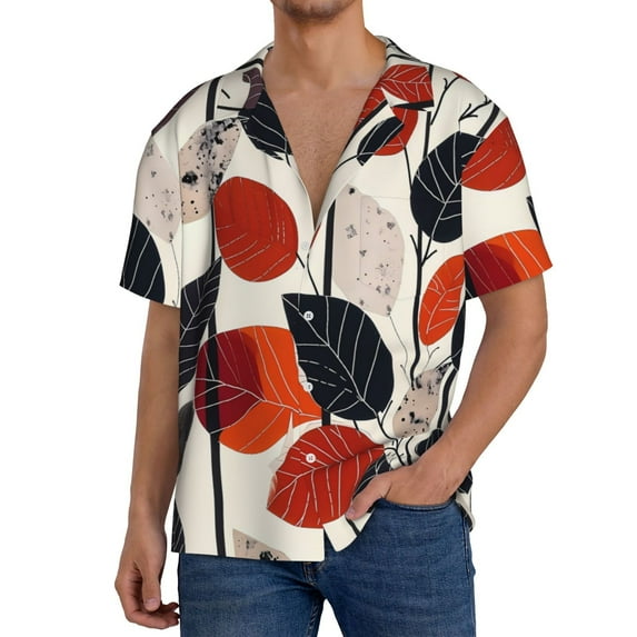 Gaeub Modern Abstract Leaf Pattern Men's Lapel Short Sleeve Shirt,Cuban Shirts For Men,Short Sleeve Button Down Men, Soft and Breathable for Outdoors Party Travel-4X-Large
