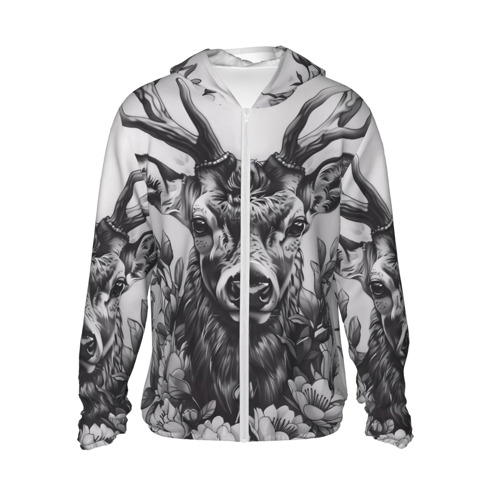 Gaeub Monochrome Deer Floral Men's and Women's UPF 50+ Long-Sleeved Sun Protection Clothing, Fishing Shirt Long Sleeve Zip-Small