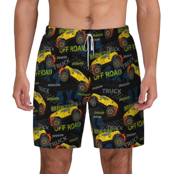 Gaeub Monster Truck1 Mens Swim Trunks Stretch Beach Shorts Quick Dry for Men Swim Shorts Swimwear with Pockets- X-Large