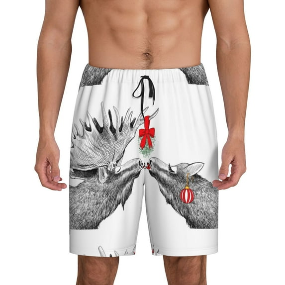 Gaeub Moose Kissing Under Mistletoe Printed Men's Short Pajama Pants, Lightweight Lounge & Sleep Bottoms Keep You Cool - X-Large