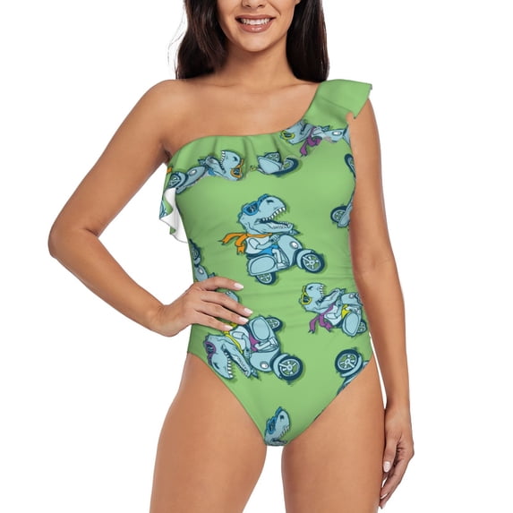 Gaeub Motorcycle Riding Dinosaur Women's One Shoulder Ruffle Tummy Control Swimwear for Swimming Surfing Beach Party - X-Large
