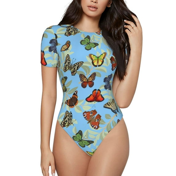 Gaeub Multicolored Butterflies Women'S Short Sleeve One Piece Swimsuit Sexy High-Waisted Bodysuit For Swimming, Beach, Sports - Large