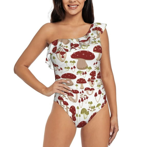 Gaeub Mushroom Women's One Shoulder Ruffle Tummy Control Swimwear for Swimming Surfing Beach Party - Large