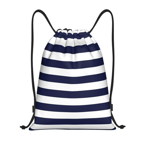 Gaeub Navy Blue And White Stripes Drawstring Backpack Bag Sport Gym Sackpack Heavy Duty String Backpack for Men Women-Small