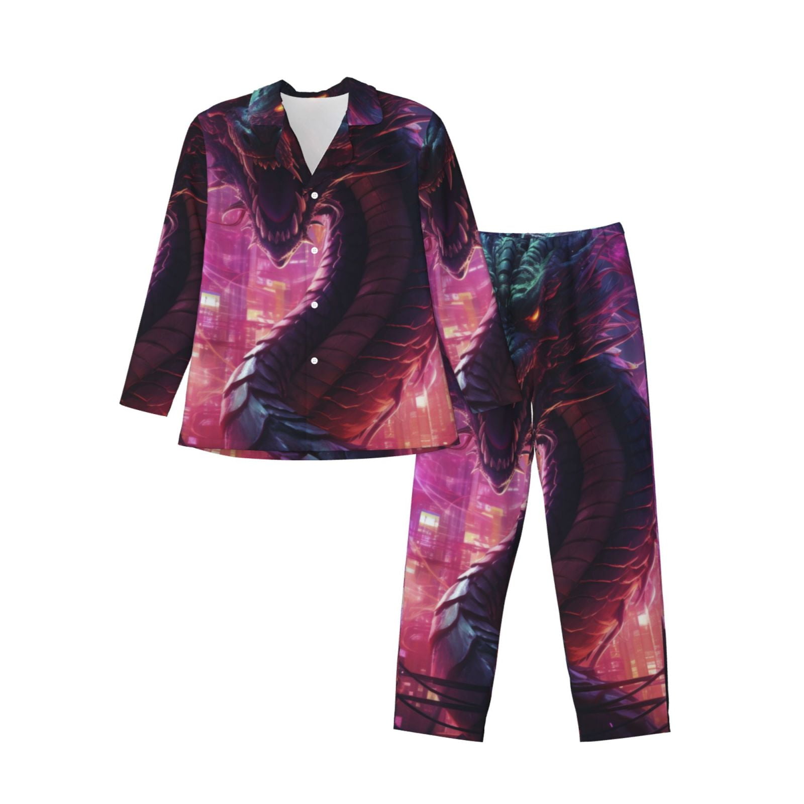 Pure Silk Men's Dragon Print  Long Sleeve Notch Collar Pajamas Set