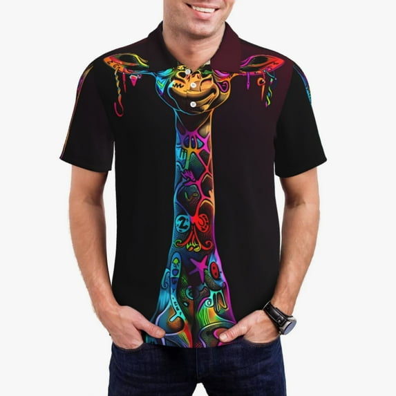 Gaeub Neon Psychedelic Giraffe Print Men's Polo Shirts, Short Sleeve Golf Performance Shirts,Stretchy Golf Shirts,Casual Summer Beach Shirts-4X-Large