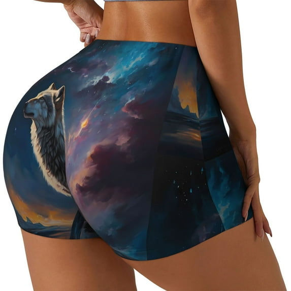 Gaeub Night Sky Wolf Print Workout Shorts for Women,Seamless Scrunch Short,Gym Yoga Running Sport Active Exercise Fitness Shorts-X-Large