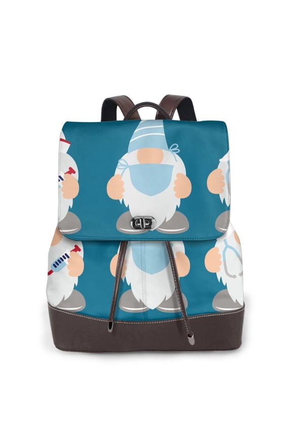 Nurse Doctor Gnomes Print Women's Leather Backpack,Travel Laptop Backpack,Fashion Ladies Leather Backpack Bag for Travel,Leather Drawstring Daypack for Me