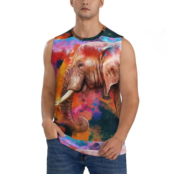 Gaeub Oil Paintings of Elephants Men's Sleeveless Muscle Shirts Workout Tank Tops, Odor Protection and Comfortable - Small