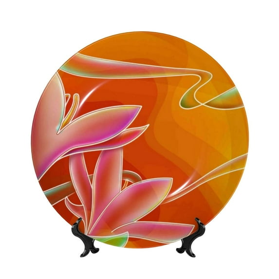 Gaeub Orange Flower Psychedelic Print Ceramic Plate,Dinner Plates,Bone China Decorative Plates with Display Stand,Art Ceramic Ornaments for Wall Hanging Decoration-6in
