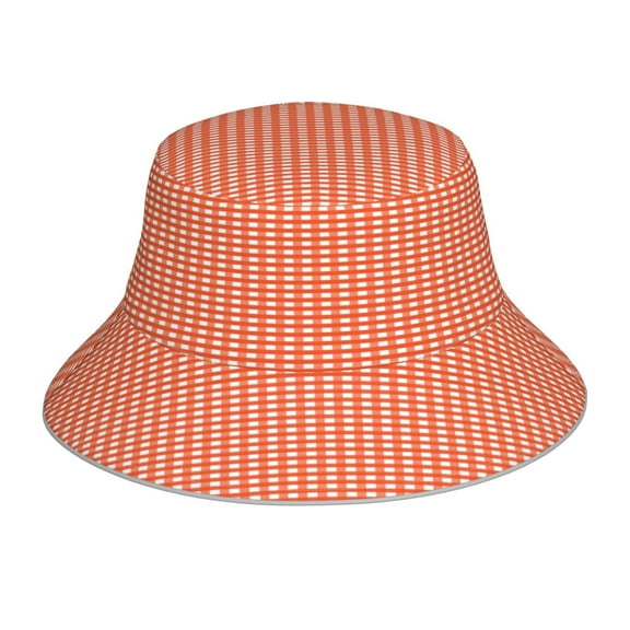 Gaeub Orange Gingham Printed Double Sided Reflective Bucket Hat Foldable Sun Hat for Camping Hiking Fishing