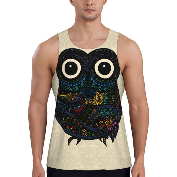 Gaeub Owl with Mandala Men's Athletic Tank Top, Workout Sleeveless Shirts, Running Tank Tops for Gym, Running, Training - Large