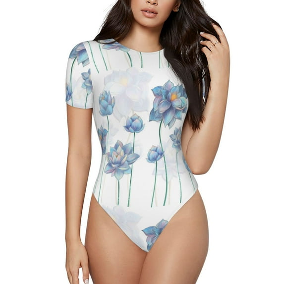 Gaeub Pale Blue Lotus Flowers Women'S Short Sleeve One Piece Swimsuit Sexy High-Waisted Bodysuit For Swimming, Beach, Sports - X-Large