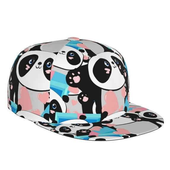 Gaeub Panda Cute Pink Hearts Flat Bill Snapback Hats Baseball Caps with Adjustable for Running Workouts and Outdoor Activities