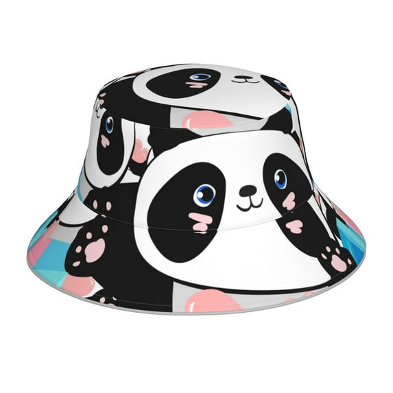 Gaeub Panda Cute Pink Hearts Printed Double Sided Reflective Bucket Hat Foldable Sun Hat for Camping Hiking Fishing