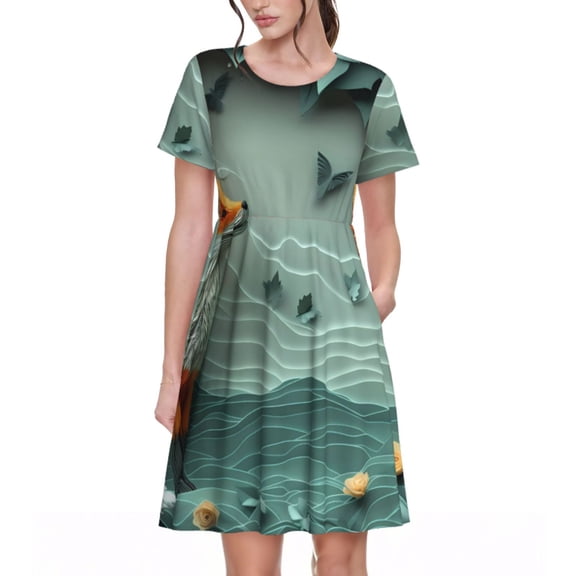 Gaeub Paper Fox Crow Fantasy Print Womens Dresses,Casual Short Sleeve Tunic,Summer Midi Dress for Women,Women's Short sleeve Dress