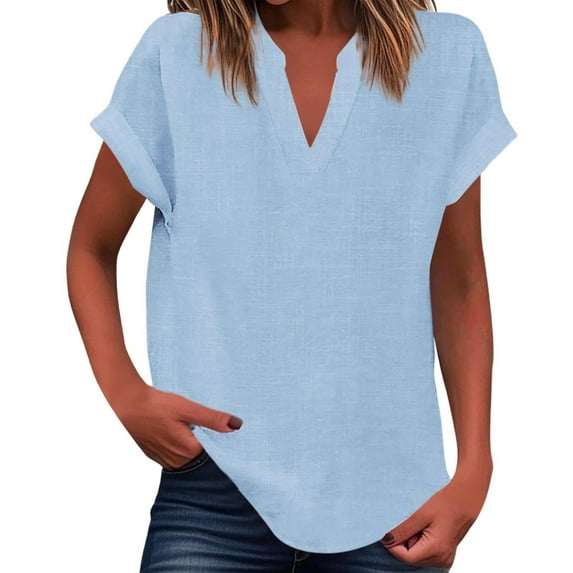 Womens Cotton Linen Dressy Shirts Henley Neck Tee Short Sleeve Tops Plain Basic T Shirts Loose Relaxed Fit Tunic Blouses Light Breathable T-Shirts Workout Sport Yoga Holiday Clothes
