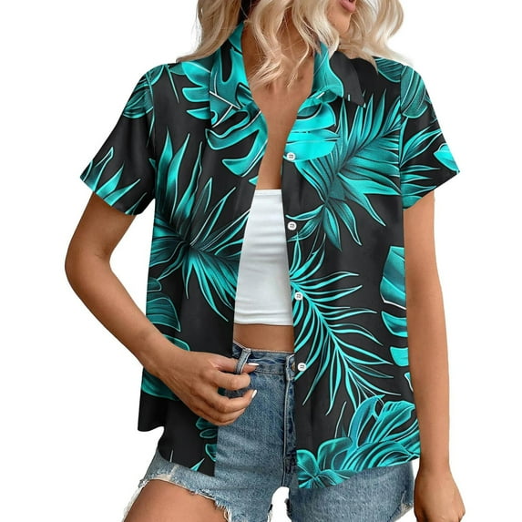 Hawaiian Shirts for Women Basic Collared Tee Shirt Coconut Palm Hawaii Style Tunic Blouses Button Down Short Sleeve Blouses Summer Beach Shirt Tropical Shirts Loose Flowy Cardigan