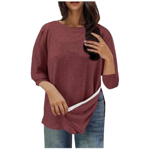 3/4 Sleeve Tops For Womens Summer Round Neck Tee Tunic Blouses Side Paste Split T-Shirt Loose Relaxed Fit Tunic Tee Lounge Breathable T-Shirts Bussiness Work T Shirts Treatment Clothes
