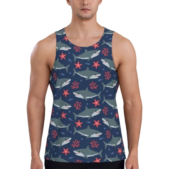 Gaeub Party Shark Cute Men's Athletic Tank Top, Workout Sleeveless Shirts, Running Tank Tops for Gym, Running, Training - Large