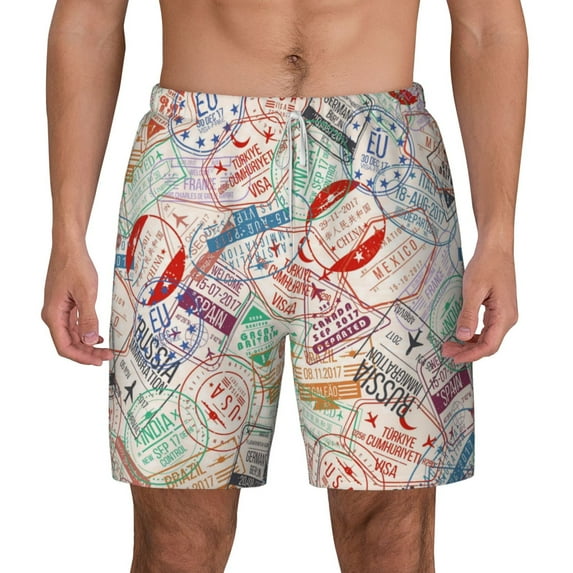 Gaeub Passport Stamp Mens Swim Trunks Stretch Beach Shorts Quick Dry for Men Swim Shorts Swimwear with Pockets- X-Large
