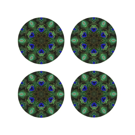 Gaeub Peacock Feathers Print 4 Pcs Leather Coasters for Drinks ,Drink Coasters Sets,Drink Table Cup Coasters for Living Room Kitchen Coffee Decor-Round Shape