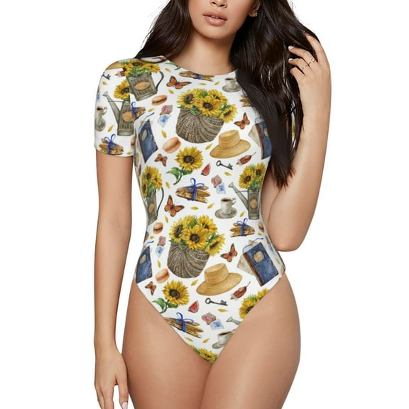 Gaeub Picnic Print Women's Short Sleeve One Piece Swimsuit Sexy High-Waisted Bodysuit Bathing Suit for Swimming, Beach, Sports-Medium