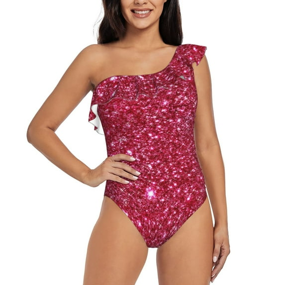 Gaeub Pink Glitter Women's One Shoulder Ruffle Tummy Control Swimwear for Swimming Surfing Beach Party - X-Large