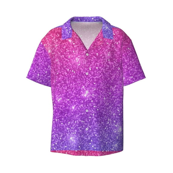 Gaeub Pink Purple Glitter Men's Lapel Short Sleeve Shirt, Relaxed Fit Shirt, Soft and Breathable for Outdoors Party Travel - X-Large