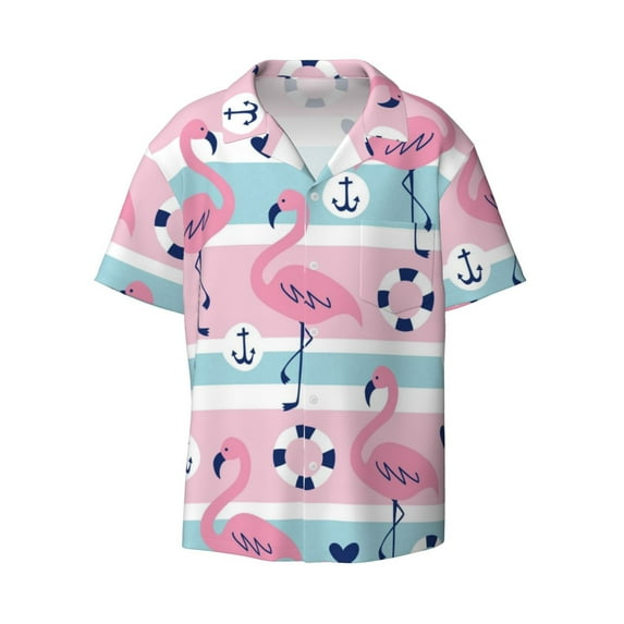 Gaeub Pink Striped Flamingo Men's Lapel Short Sleeve Shirt, Relaxed Fit Shirt, Soft and Breathable for Outdoors Party Travel - XX-Large