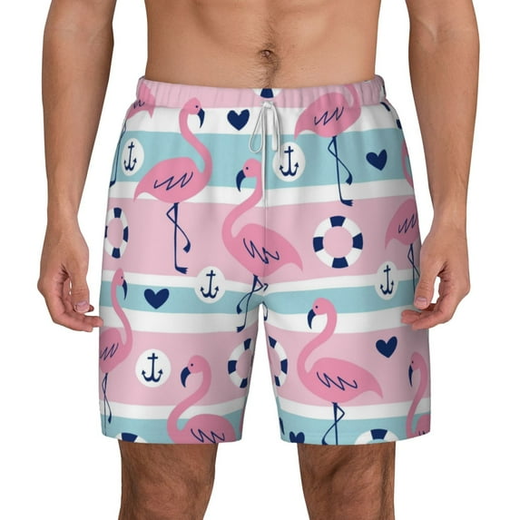 Gaeub Pink Striped Flamingo Mens Swim Trunks Stretch Beach Shorts Quick Dry for Men Swim Shorts Swimwear with Pockets- X-Large