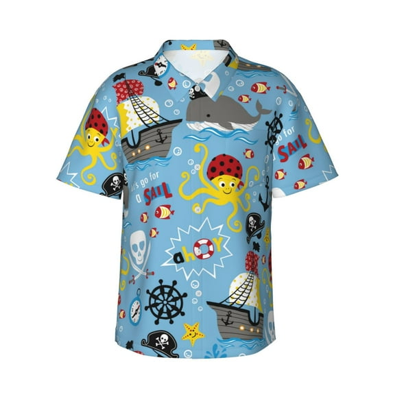 Gaeub Pirate Marine Animals Print Men's Hawaiian Shirt,Button Down Short Sleeves Shirts,Tropical Beach Casual Button Down Shirts,X-Large