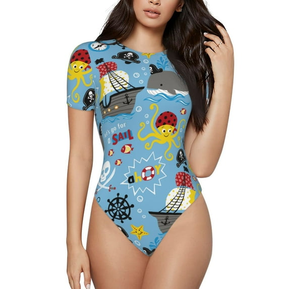 Gaeub Pirate Marine Animals Print Women's Short Sleeve One Piece Swimsuit Sexy High-Waisted Bodysuit Bathing Suit for Swimming, Beach, Sports-Large