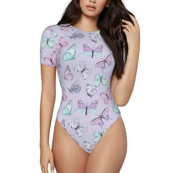 Gaeub Purple Butterfly Print Women's Short Sleeve One Piece Swimsuit Sexy High-Waisted Bodysuit Bathing Suit for Swimming, Beach, Sports-Small