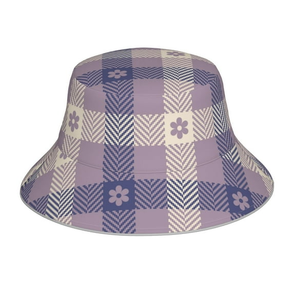 Gaeub Purple Floral Gingham Check Plaid Printed Double Sided Reflective Bucket Hat Foldable Sun Hat for Camping Hiking Fishing