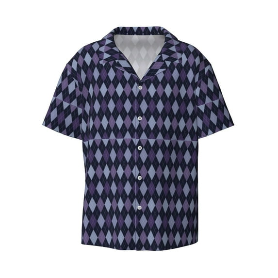 Gaeub Purple and Blue Squares Men's Lapel Short Sleeve Shirt, Relaxed Fit Shirt, Soft and Breathable for Outdoors Party Travel - XX-Large