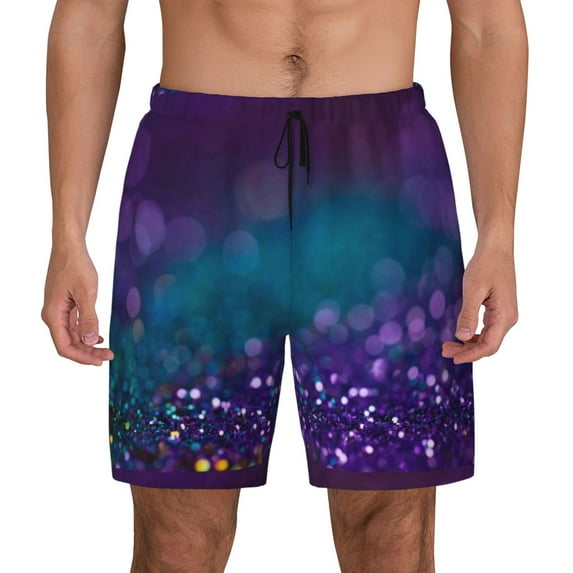 Gaeub Purple and Green Glitter Mens Swim Trunks Stretch Beach Shorts Quick Dry for Men Swim Shorts Swimwear with Pockets- XX-Large