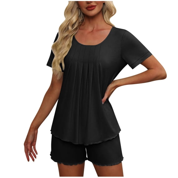 2 Packs Summer Nightdress For Womens Plain Basic Loungewear Crew Neck Tee Short Sleeve Tops Front Pleated Pajama Top Lounge Breathable Put On Strech Pjs Shorts Loungewear Nightgown